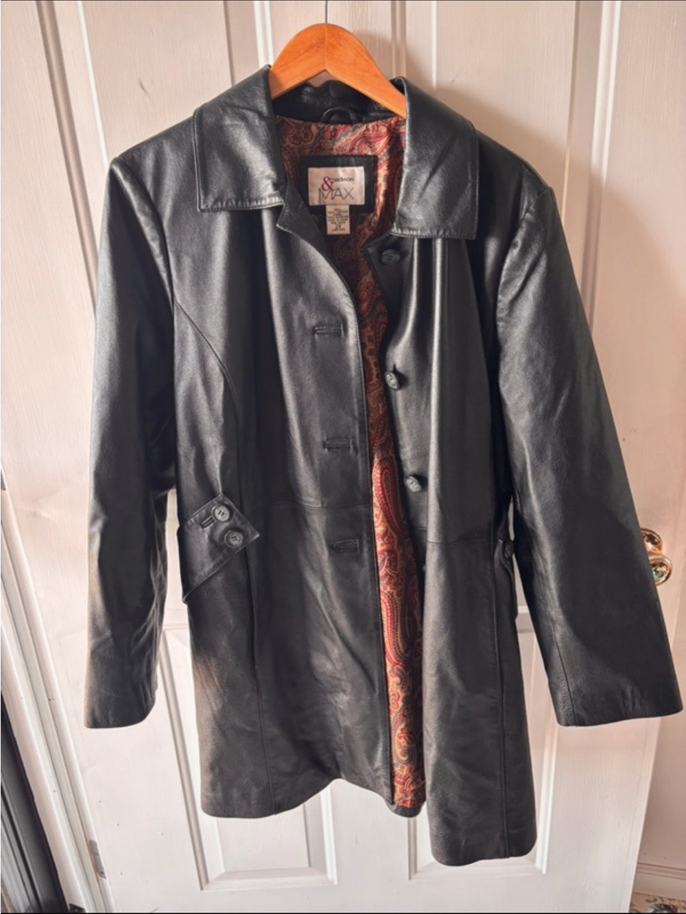 Max & Madison Black 100% Genuine Leather Car Coat Jacket 2X Paisley Lining